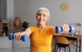 Health care, sport and active lifestyle. Happy senior woman doing exercises with dumbbells in living room interior Royalty Free Stock Photo