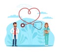 Health care system of organs in diseases. Cardiology clinic. Male and female doctor, stethoscope in heart form