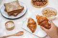 Health and colorful breakfast - waffles, muffins, almond, hazelnuts, various fresh fruits on table. Health food concept .Top view