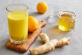 Health concept. Golden milk, ginger, lemon, honey on a grey concrete background. Health and energy boosting, flu remedy Royalty Free Stock Photo