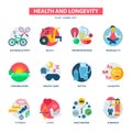 Health and longevity icons modern activity durability vector natural healthy life product food nutrition illustration