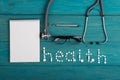 Health concept - pills, stethoscope, clipboard and glasses Royalty Free Stock Photo