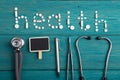 Health concept - pills, stethoscope etc Royalty Free Stock Photo