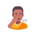 Cough flat illustration. Sick African American man coughing into his fist