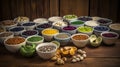 Health detox super food selection in porcelain bowls over oak wood background
