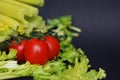 Health and diet Concept. Celery and Tomatoes over Dark Background with copy Space Royalty Free Stock Photo