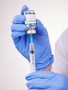 Health, doctor hands and vaccine, syringe and bottle with safety from monkey pox in white background. Person with glass