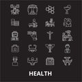 Health editable line icons vector set on black background. Health white outline illustrations, signs, symbols Royalty Free Stock Photo