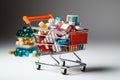 Health essentials shopping trolley carries blister pill, capsule, pharmacy items