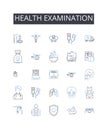 Health examination line icons collection. Dental checkup, Eye exam, Hearing test, Blood analysis, Physical assessment Royalty Free Stock Photo