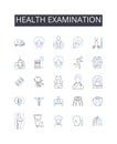 Health examination line icons collection. Dental checkup, Eye exam, Hearing test, Blood analysis, Physical assessment Royalty Free Stock Photo