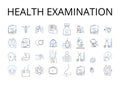 Health examination line icons collection. Dental checkup, Eye exam, Hearing test, Blood analysis, Physical assessment