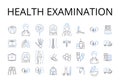Health examination line icons collection. Dental checkup, Eye exam, Hearing test, Blood analysis, Physical assessment Royalty Free Stock Photo
