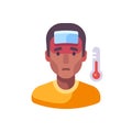 Fever flat illustration. Sick African American man with a cold