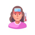 Fever flat illustration. Sick woman with a cold