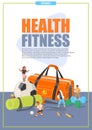 Health fitness poster or flyer template with happy children and sport accessories
