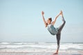 Health, Fitness And Yoga With Woman Meditation Pose At A Beach, Stretching And Training Workout. Flexible Female