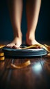 Health focused scene Womans feet on scales, tape measure foreground weight loss concept