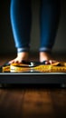 Health focused scene Womans feet on scales, tape measure foreground weight loss concept