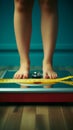 Health focused scene Womans feet on scales, tape measure foreground weight loss concept