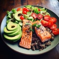 Health-focused smoked salmon dinner with quinoa salad and avocado slices Royalty Free Stock Photo