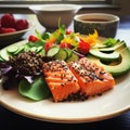 Health-focused smoked salmon dinner with quinoa salad and avocado slices Royalty Free Stock Photo