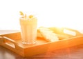 Health food concept Morning milk glass. Buttermilk dairy drink breakfast on wooden desk