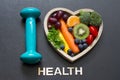 Health food in the heart and sport diet nutrition concept