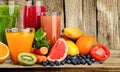 Various healthy juices on table Royalty Free Stock Photo