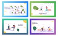 Health is Human Right Landing Page Set. Lifestyle Character Riding Bike, Rollers and Scooter in Park. Running to Healthy Future