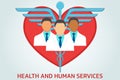 Health and human services flat vector illustration.Heart,and doctors with caduceus.Emergency,medical,insurance concept.