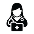 Health icon vector female doctor person profile avatar with stethoscope and medical report folder for medical consultation
