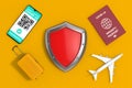 Health Immune Passport, Mobile Phone App Certificate of Vaccination, Suitcase and Airplane around Protection Shield. 3d Rendering