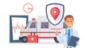 Health insurance concept. Doctor, ambulance car flat illustration. Medical insurance help, healthcare vector background