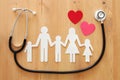 Health Insurance . concept image of Stethoscope and family on wooden table. Royalty Free Stock Photo