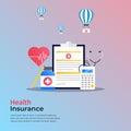 Health insurance concept. Medical research report vector with drugs, calculator, parachute symbol, flat medical record paper