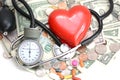 Health insurance concept with red heart, pills and medical instruments on money pile