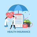 Health insurance concept vector illustration. Doctors standing with document, money wallet and medical case under big umbrella. De Royalty Free Stock Photo