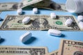 Health insurance and cost concept. White tablets on US dollars. White pills spilling from medicine bottle. The high cost of drugs Royalty Free Stock Photo