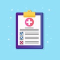 Health insurance document with cross sign, medical agreement isolated on background. Clinic diagnostic report on patient health.