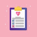 Health insurance document with red heart, medical agreement isolated on background. Clinic diagnostic report on patient health.