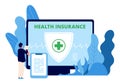 Health insurance. Healthcare business vector concept. Man takes out health insurance online