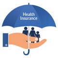 Health insurance illustration vector isolated on white background. A family in a palm and under an umbrella.