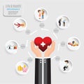 Health insurance service. Care and protect you life .Hand business agent holding heart shape rate.
