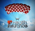 Health insurance text landing with a parachute. 3D illustration