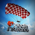 Health insurance text landing with a parachute. 3D illustration