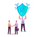 Health, Life or Property Insurance Concept. Agent Character Shaking Hand to Client, Man with Huge Shield