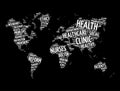 Health and Life World Map in Typography, sport, health, fitness word cloud concept background Royalty Free Stock Photo