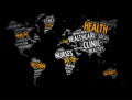 Health and Life World Map in Typography, sport, health, fitness word cloud concept background Royalty Free Stock Photo