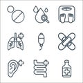 health line icons. linear set. quality vector line set such as drugs, intestines, healthy, plaster, intravenous, human lungs,